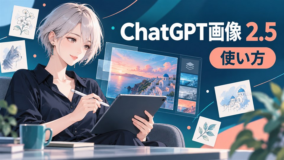 ChatGPT画像 2.5をタブレットで編集する銀髪の日本人女性と使い方の見出し