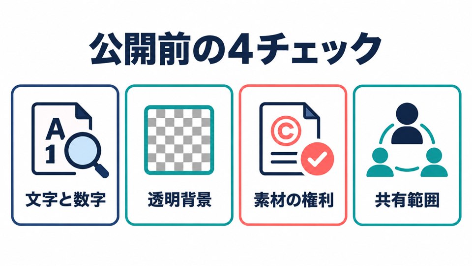ChatGPT生成画像を公開する前に文字、透明背景、権利、共有範囲を確認する図