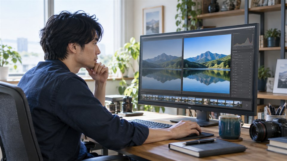 参照画像と編集後の画像を並べて確認する日本人の大人
