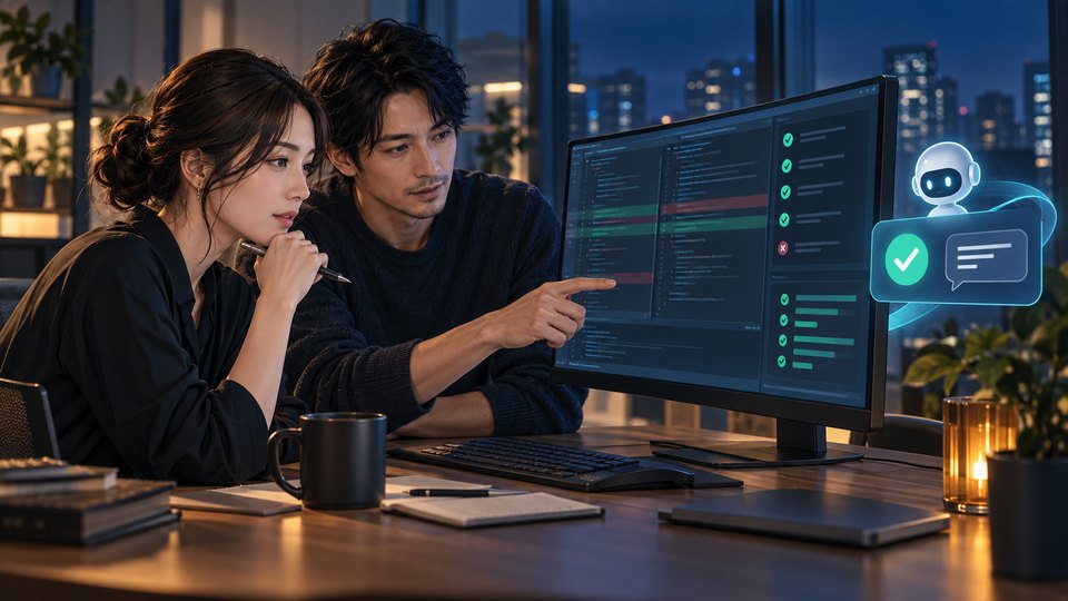 AIの提案を二人の開発者が差分とテストで確認する様子