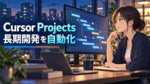 Cursor Projectsで長期開発の計画を確認する日本人女性