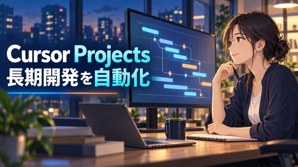 Cursor Projectsで長期開発の計画を確認する日本人女性
