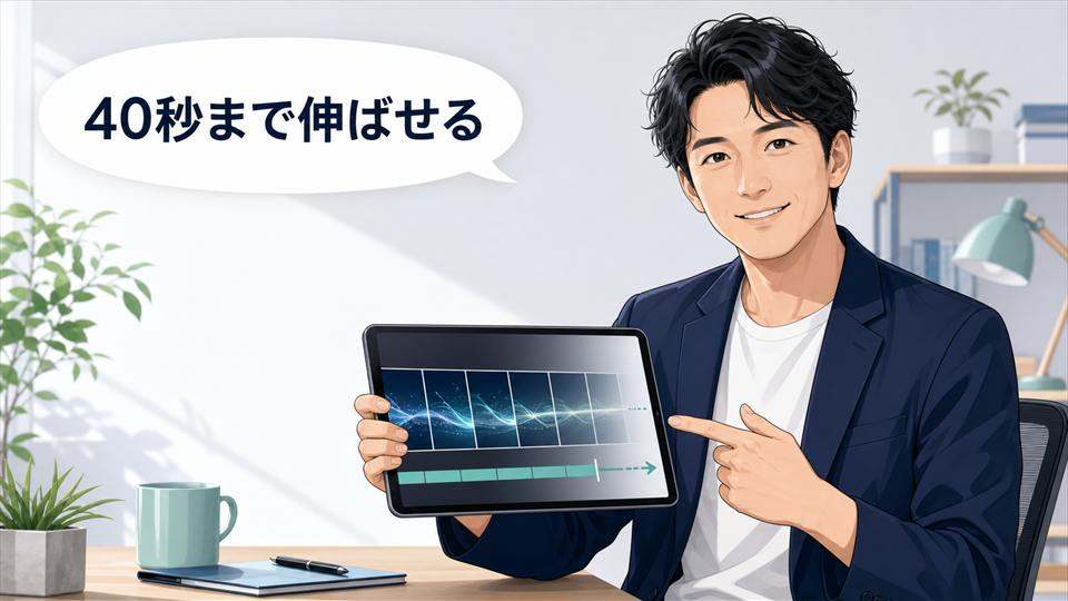 動画タイムラインを指しながら40秒延長を説明するAIブロガー