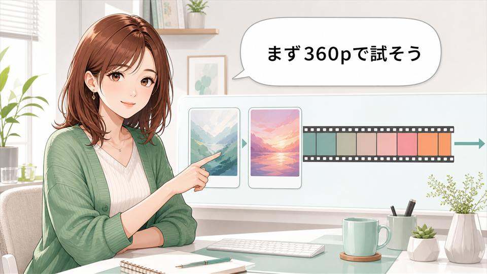 始点と終点フレームを確認して動画延長を計画するアニメ風AIブロガー