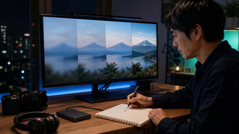 低解像度の試作から高解像度出力へ進む動画品質を確認する作業風景