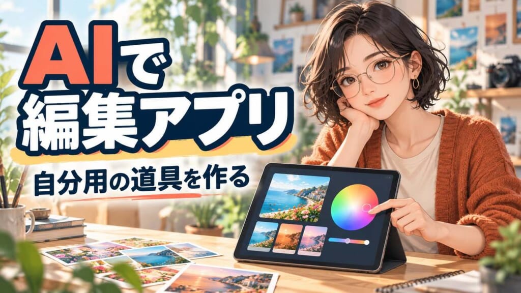 自分専用の編集道具を考える女性と「AIで編集アプリ」の見出し