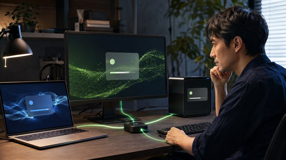 複数の独立したAI処理を別々のPCで同時実行する様子
