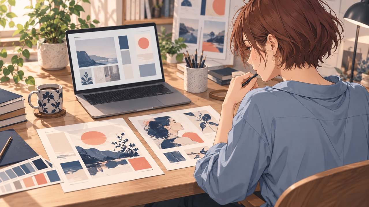 資料や画像のデザインを検討する女性のイラスト