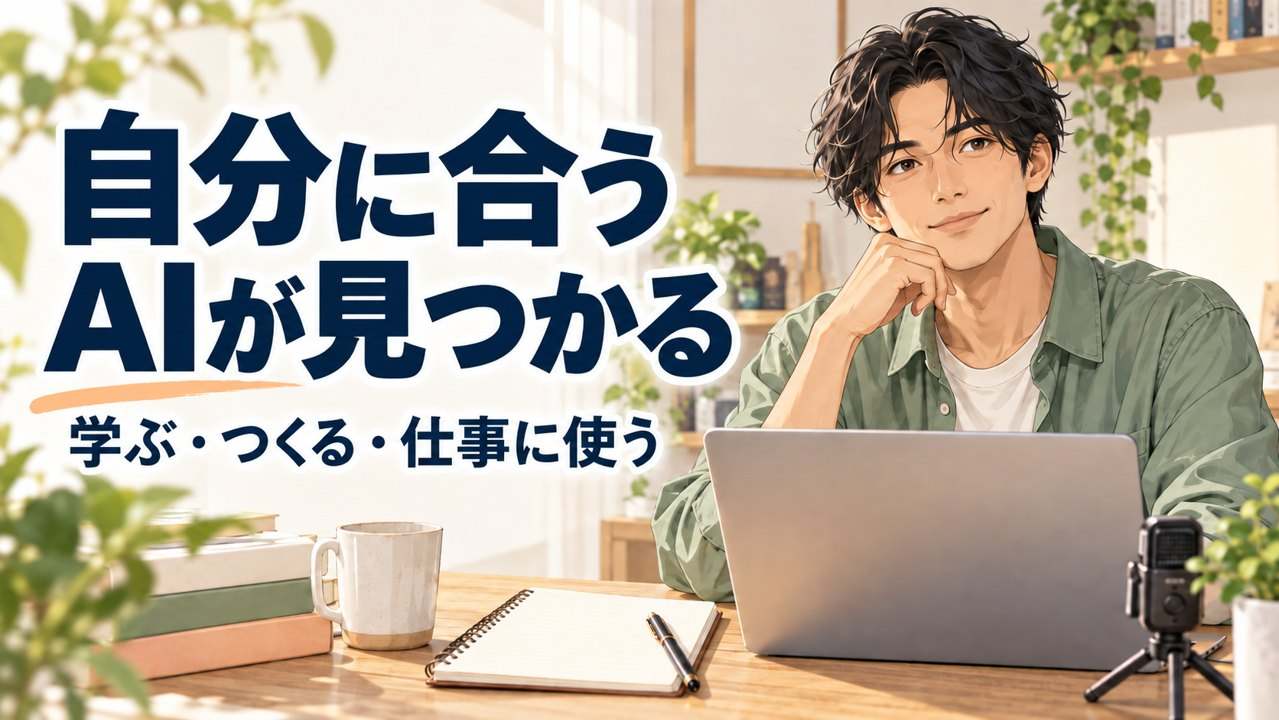 自分に合うAIサービスを選ぶ男性と、学ぶ・つくる・仕事に使うの見出し
