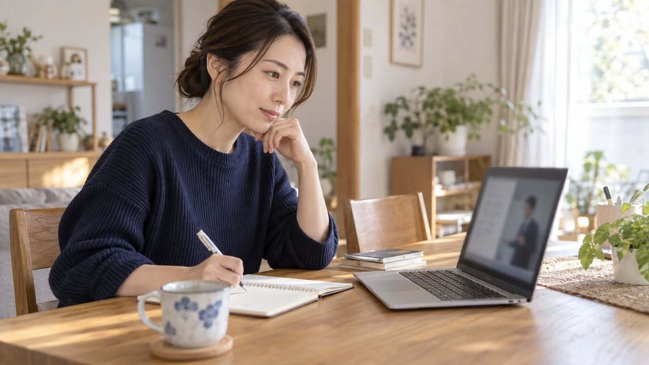 自宅でオンライン講座を見ながらノートを取る女性のイメージ