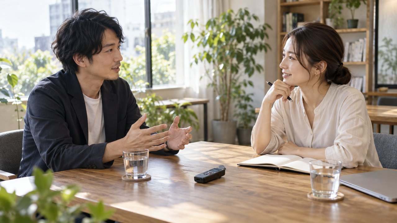 録音機器を置いて打ち合わせをする二人のイメージ