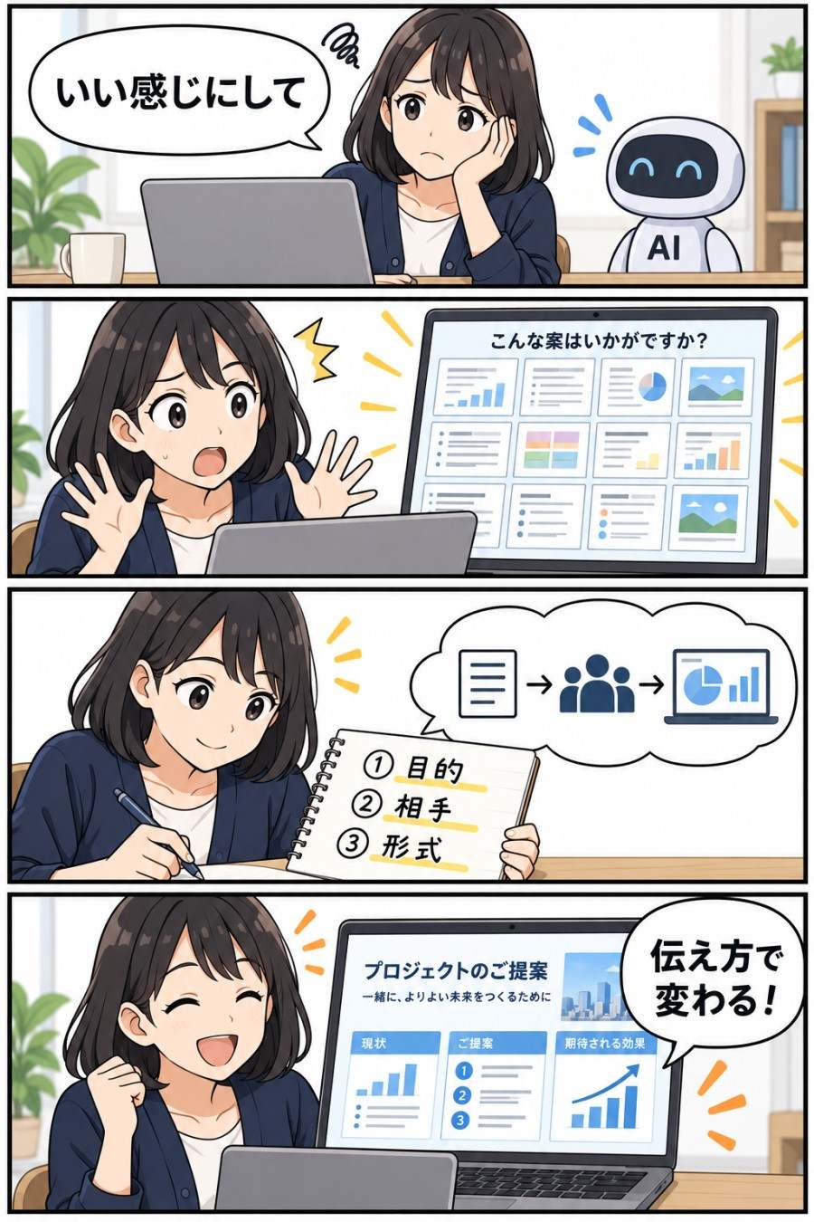 女性クリエイターがAIで4コマ漫画を作る流れの実例