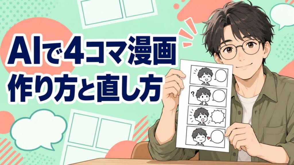 AIで4コマ漫画を作る方法と直し方を表したアイキャッチ