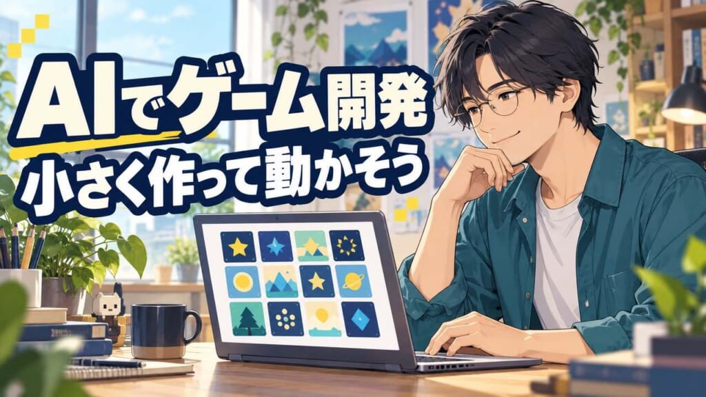 小さなカードゲームをパソコンで作る男性を描いたAIゲーム開発のアイキャッチ