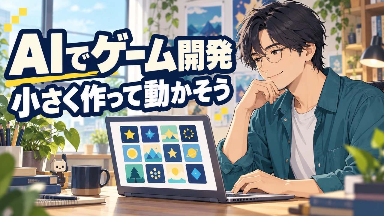 小さなカードゲームをパソコンで作る男性を描いたAIゲーム開発のアイキャッチ