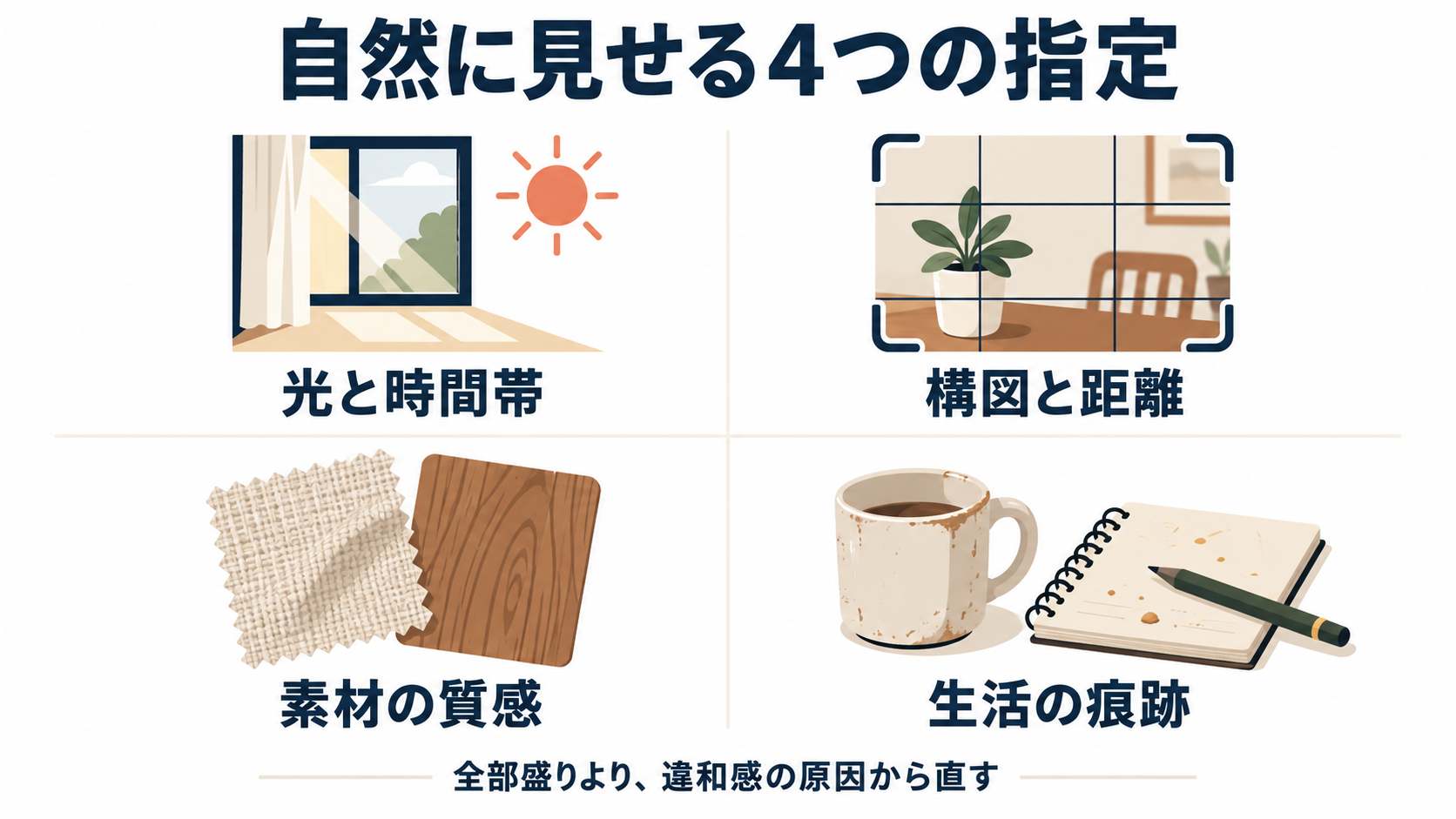 AI画像を自然に見せるための光・構図・素材・生活感の4項目
