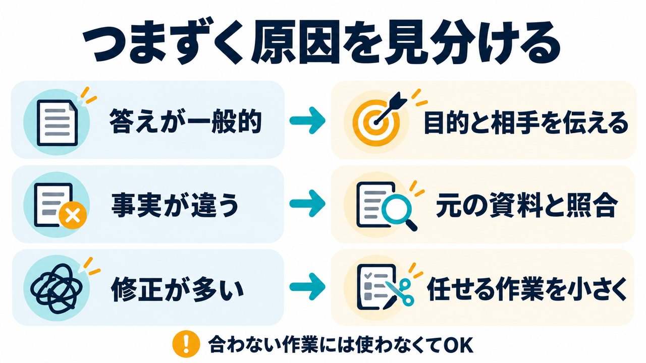 一般的な答え、事実の誤り、修正の多さに対する見直し方の図
