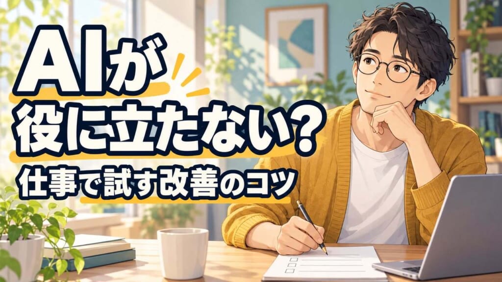 AIの使い方を考えながら仕事のメモを見直す男性のイラスト
