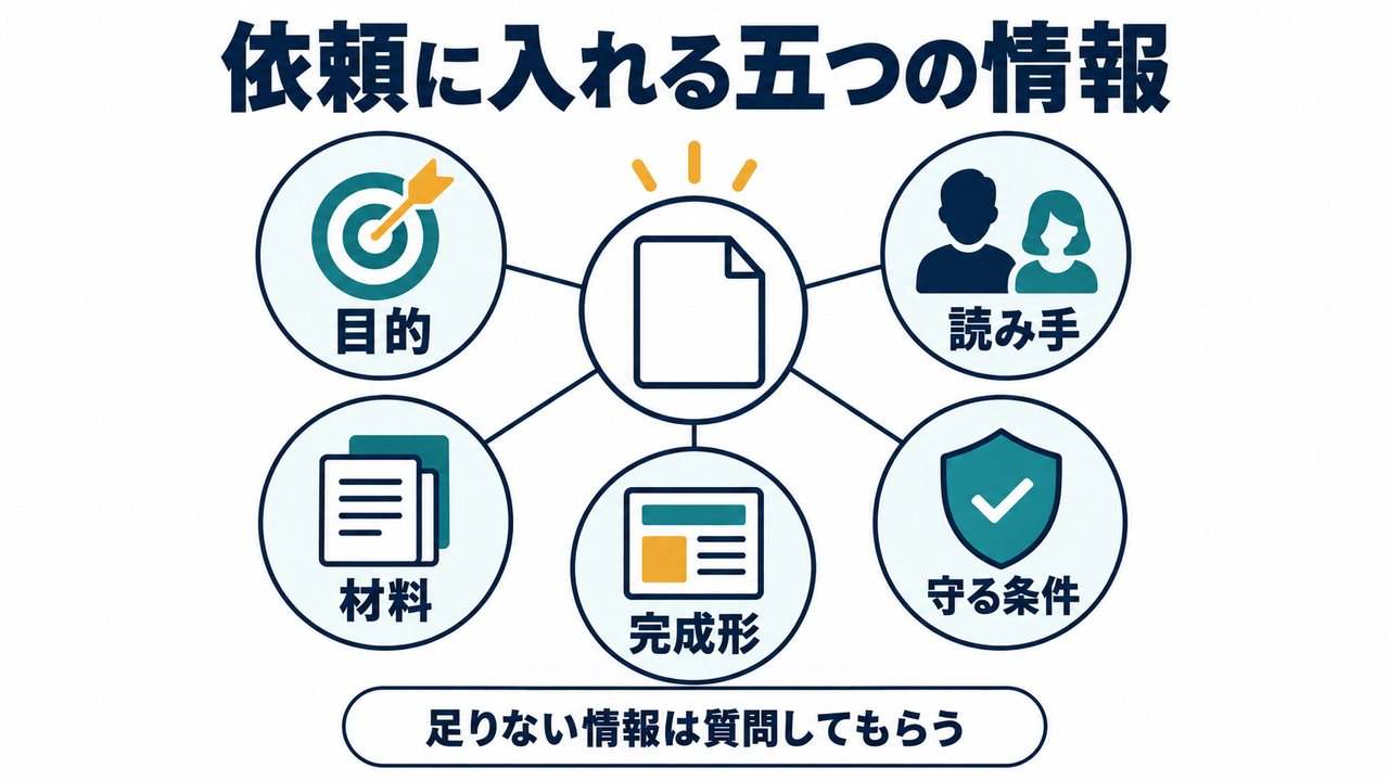 目的、読み手、材料、完成形、守る条件を示した図