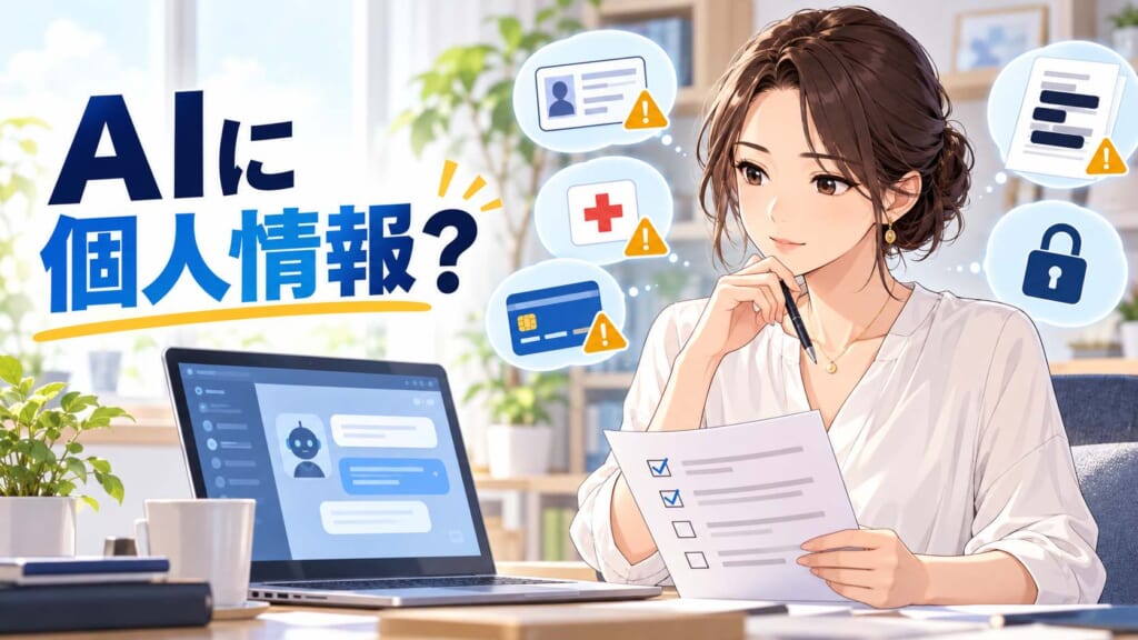 AIへ個人情報を入力する前にチェックリストを確認する女性のイラスト