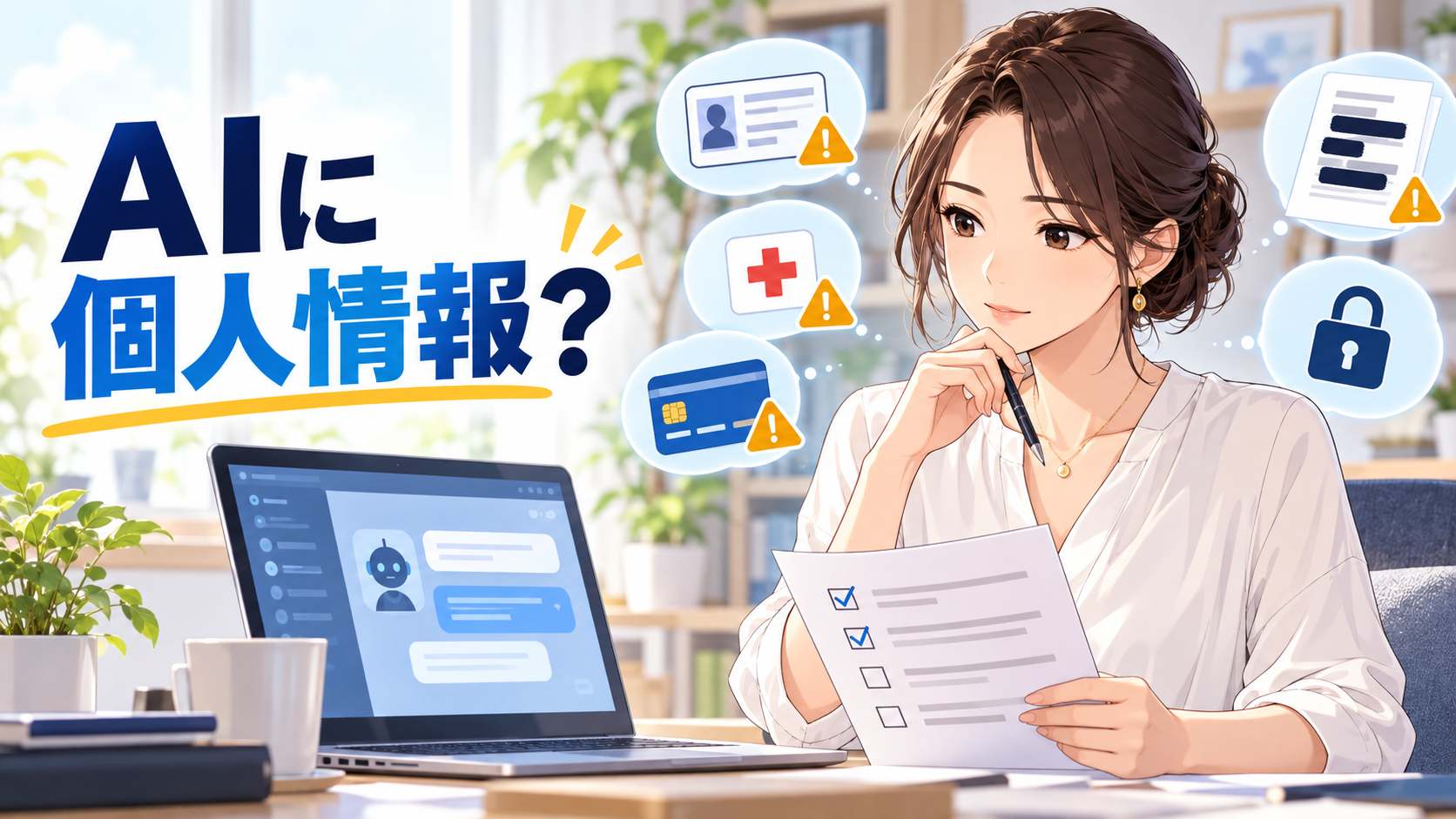 AIへ個人情報を入力する前にチェックリストを確認する女性のイラスト
