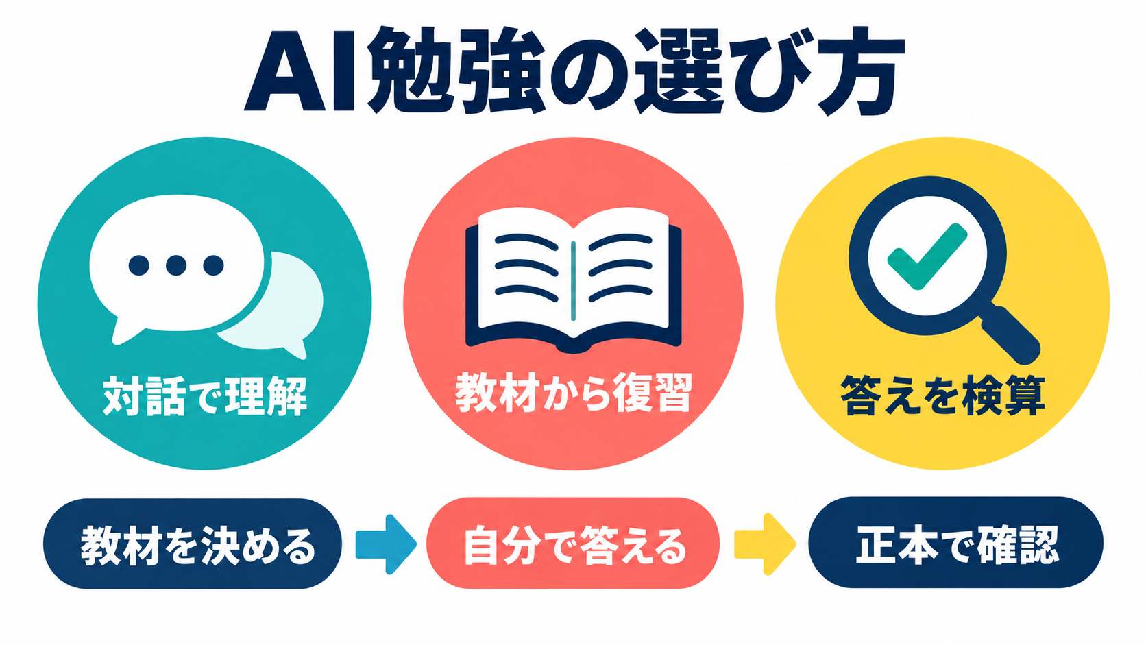 AI勉強の選び方として対話で理解、教材から復習、答えを検算する流れ