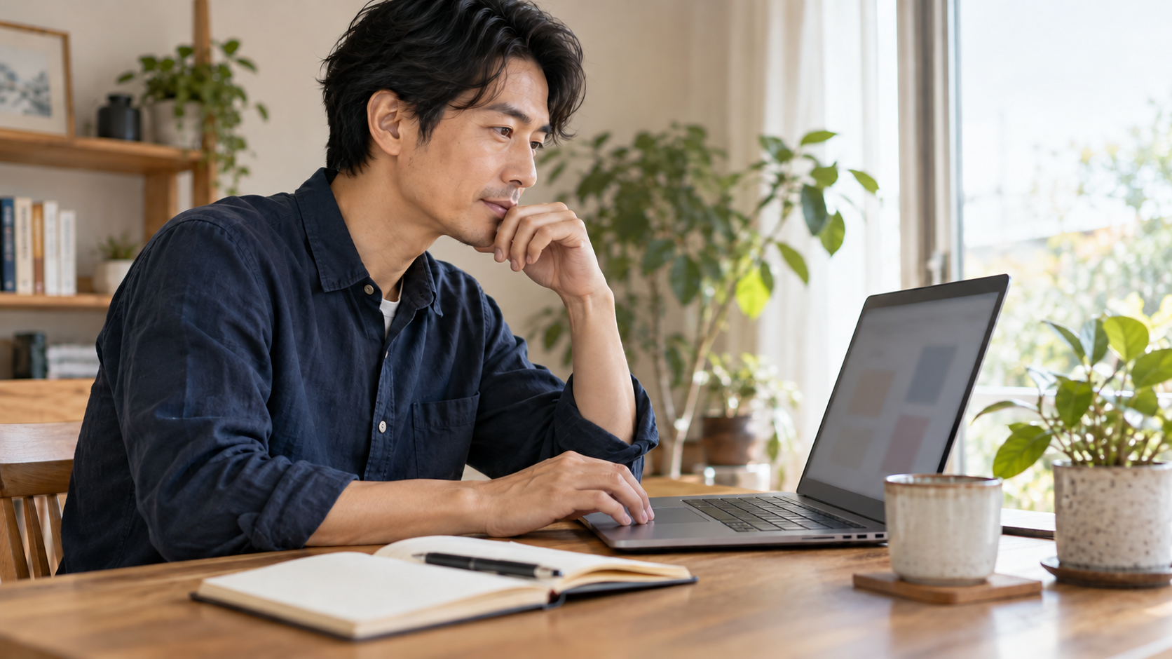 自宅の机でノートパソコンを確認する成人のAI生成イメージ