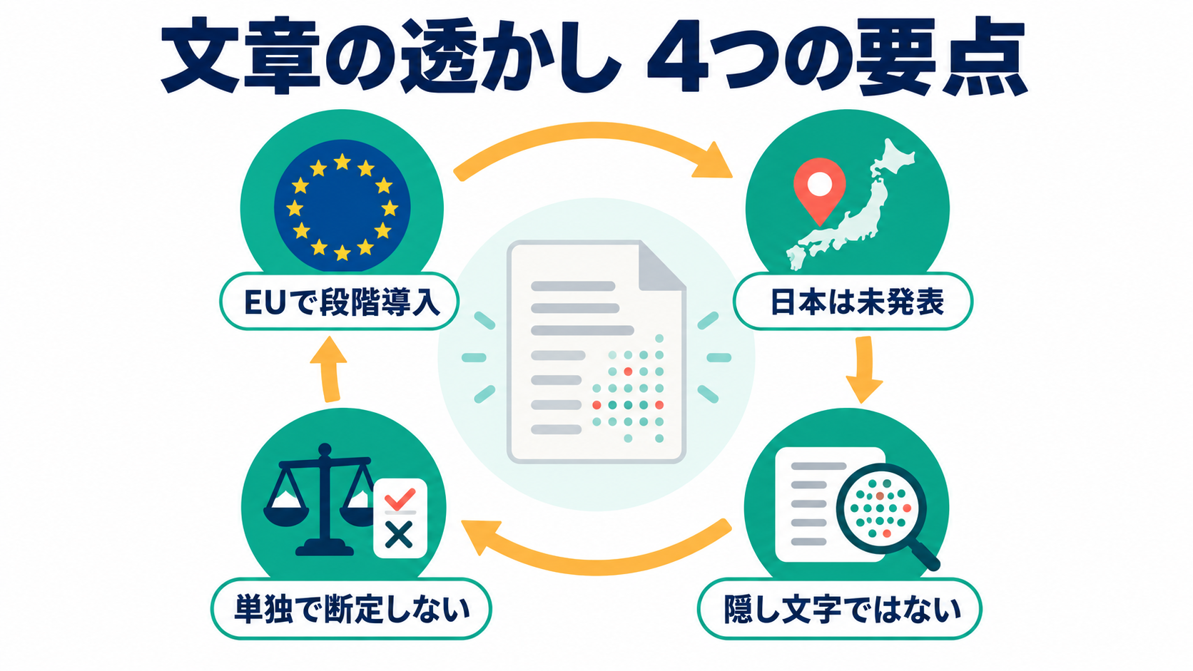 文章の透かしについてEU導入・日本未発表・隠し文字ではない・単独で断定しないの4点を示す図解