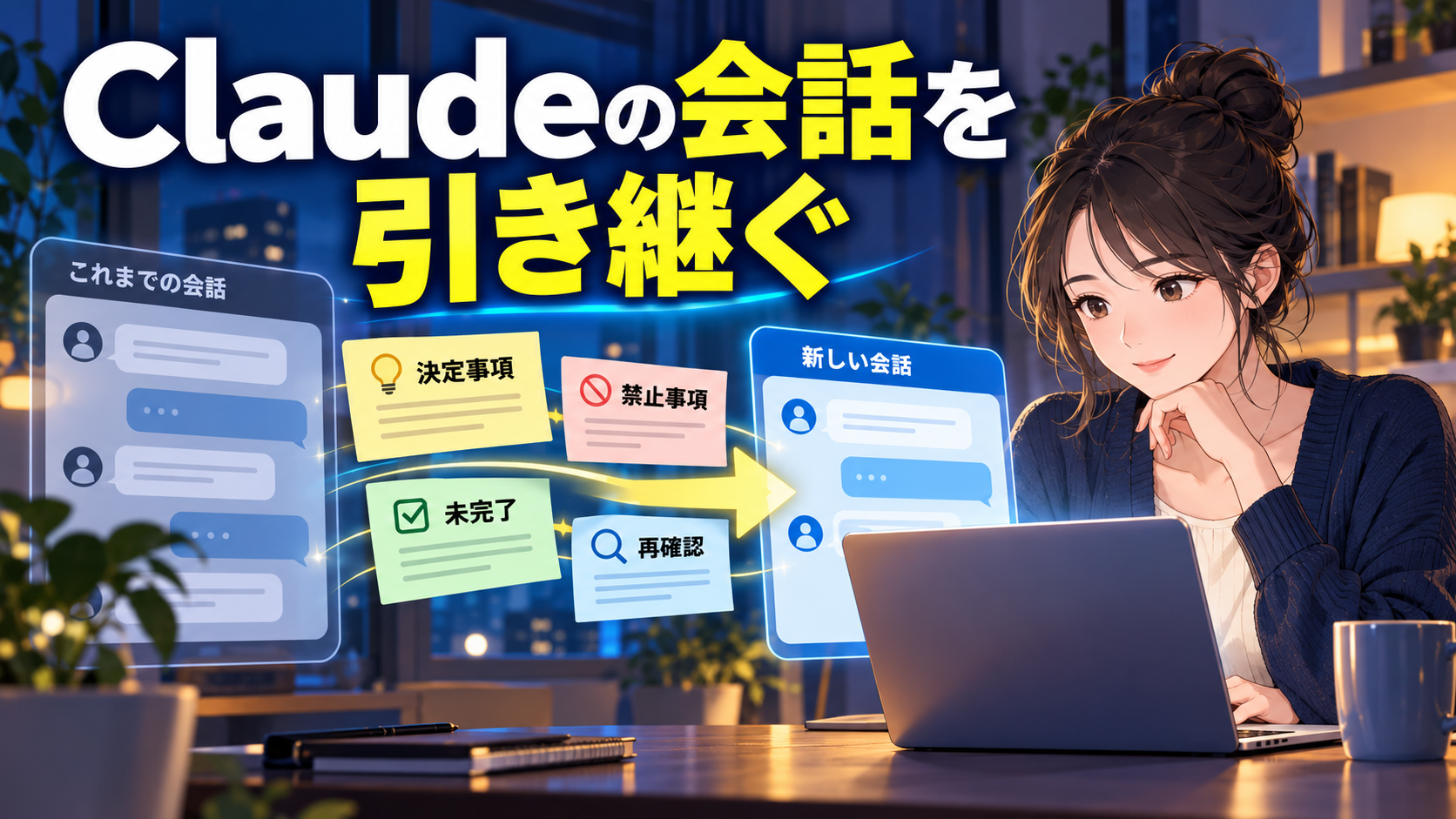 Claudeのチャットを新しい会話へ引き継ぐ方法を示すイラスト