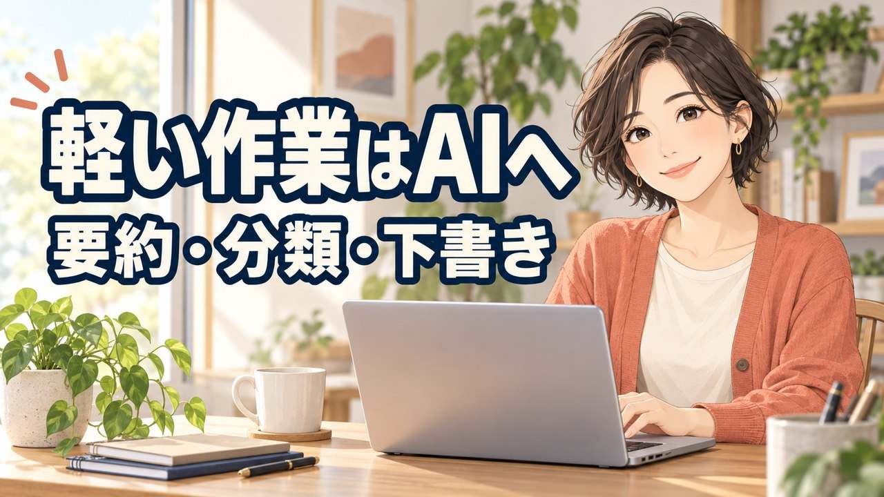 要約・分類・下書きをAIに任せる使い方を紹介するアニメ調のアイキャッチ