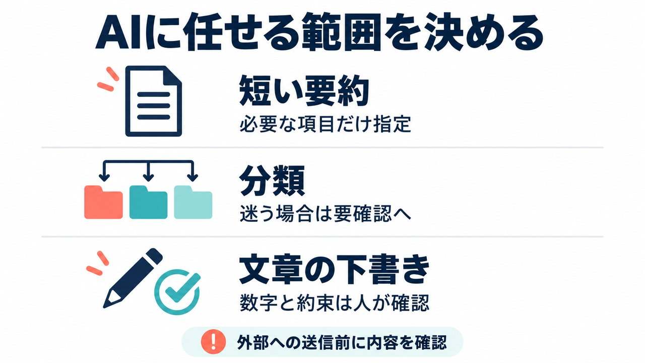 AIに任せる要約・分類・下書きと人が確認する範囲を示した説明図