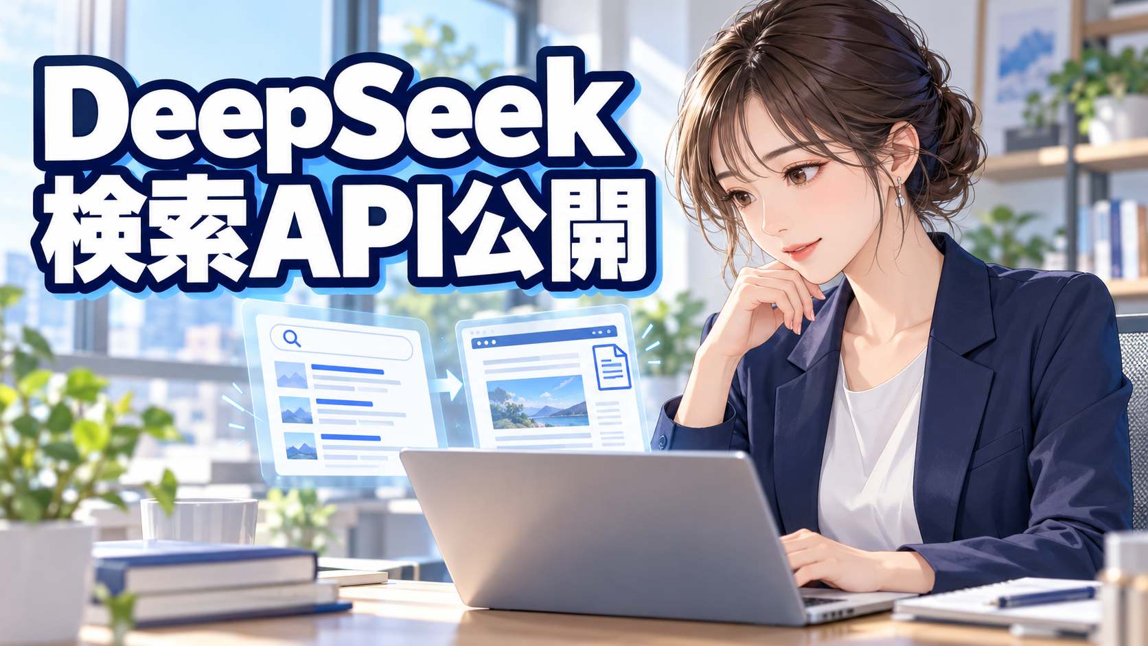 DeepSeek検索APIで検索結果と取得ページを確認する女性のイラスト