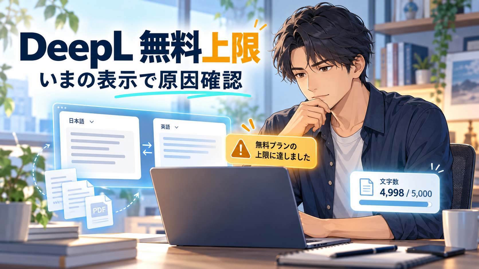 DeepLの無料上限表示を確認する利用者のイラスト