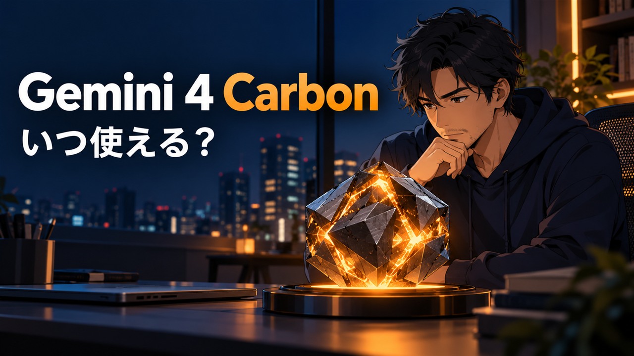 Gemini 4 Carbonの提供時期を確認する日本人AI研究者のイラスト