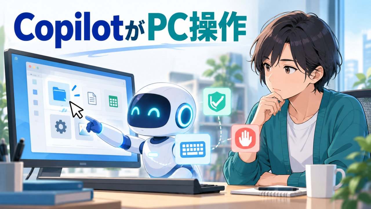 GitHub Copilotがパソコン画面を操作する様子を見守る人物のイメージ