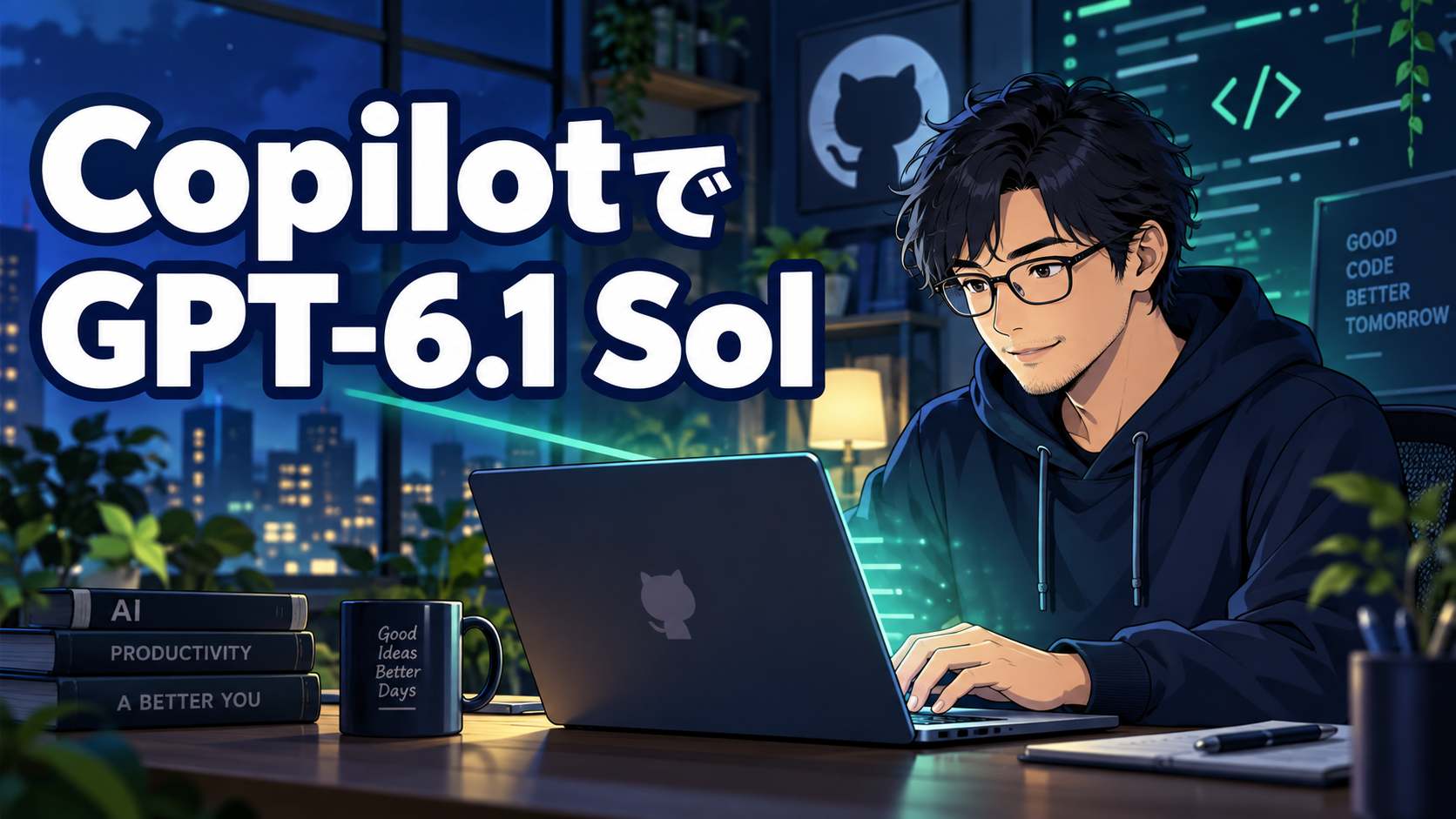 CopilotでGPT-6.1 Solという見出しとノートPCで作業する成人男性のアニメイラスト