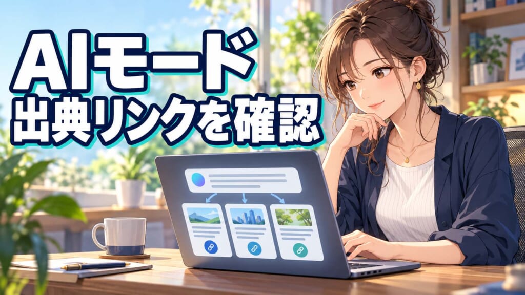 Google AIモードの出典リンクを確認する女性のイラスト