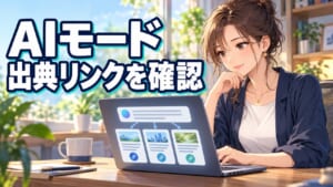 Google AIモードの出典リンクを確認する女性のイラスト