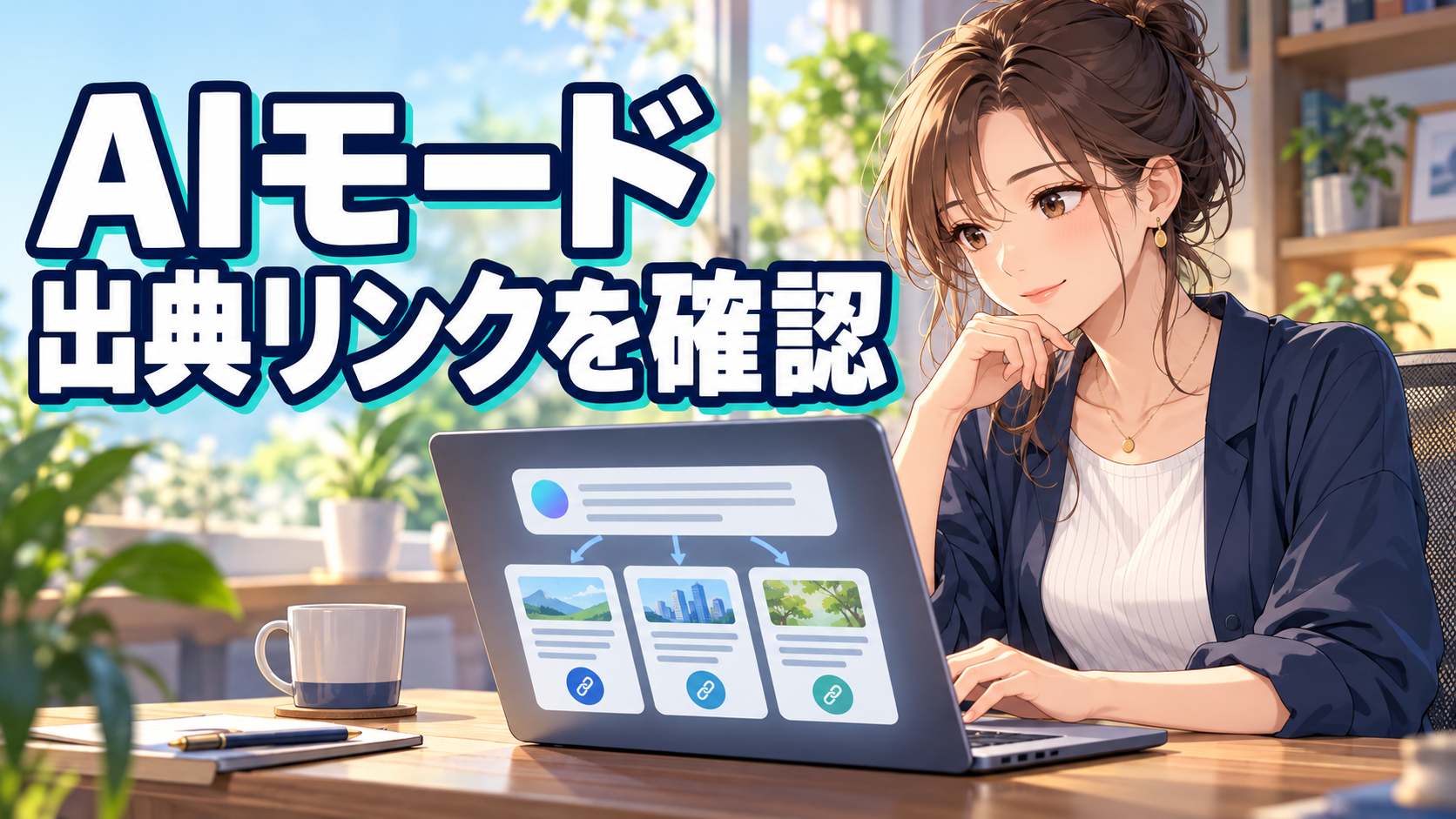 Google AIモードの出典リンクを確認する女性のイラスト