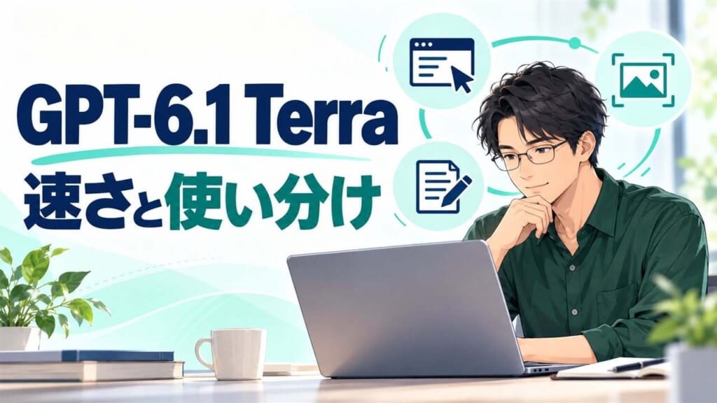 GPT-6.1 Terraの速さと使い分けを確認する日本人男性のイラスト