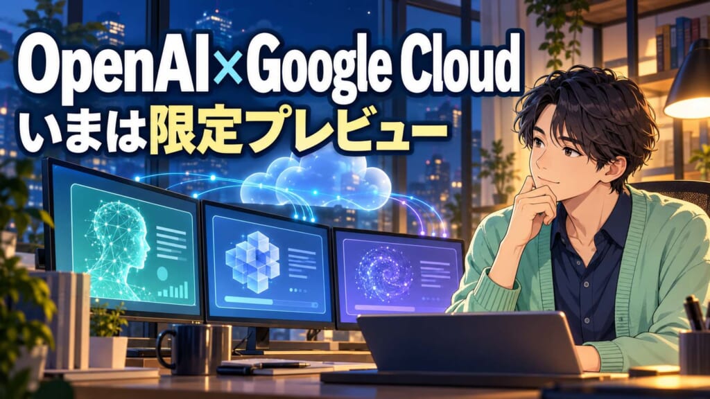 OpenAIモデルのGoogle Cloud限定プレビューを比較するクラウド技術者のイラスト