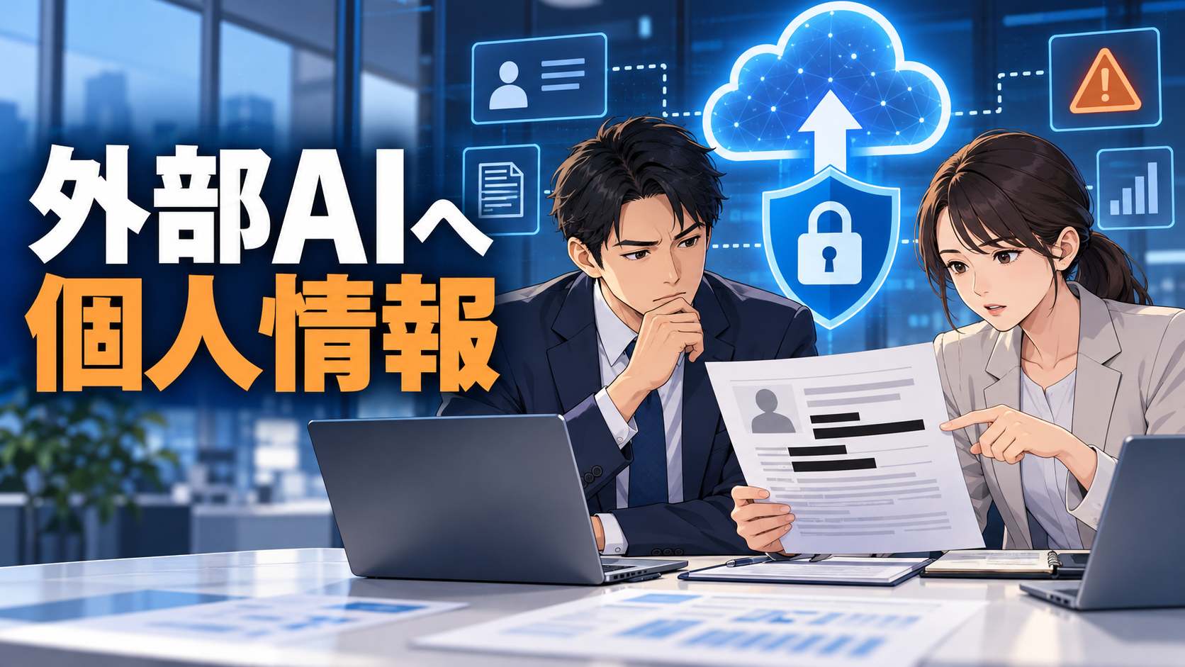 外部AIへ個人情報を送る前に確認する会社員のイラスト