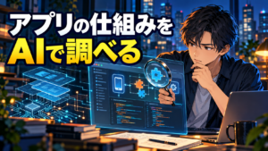 アプリの仕組みをAIで調べる男性