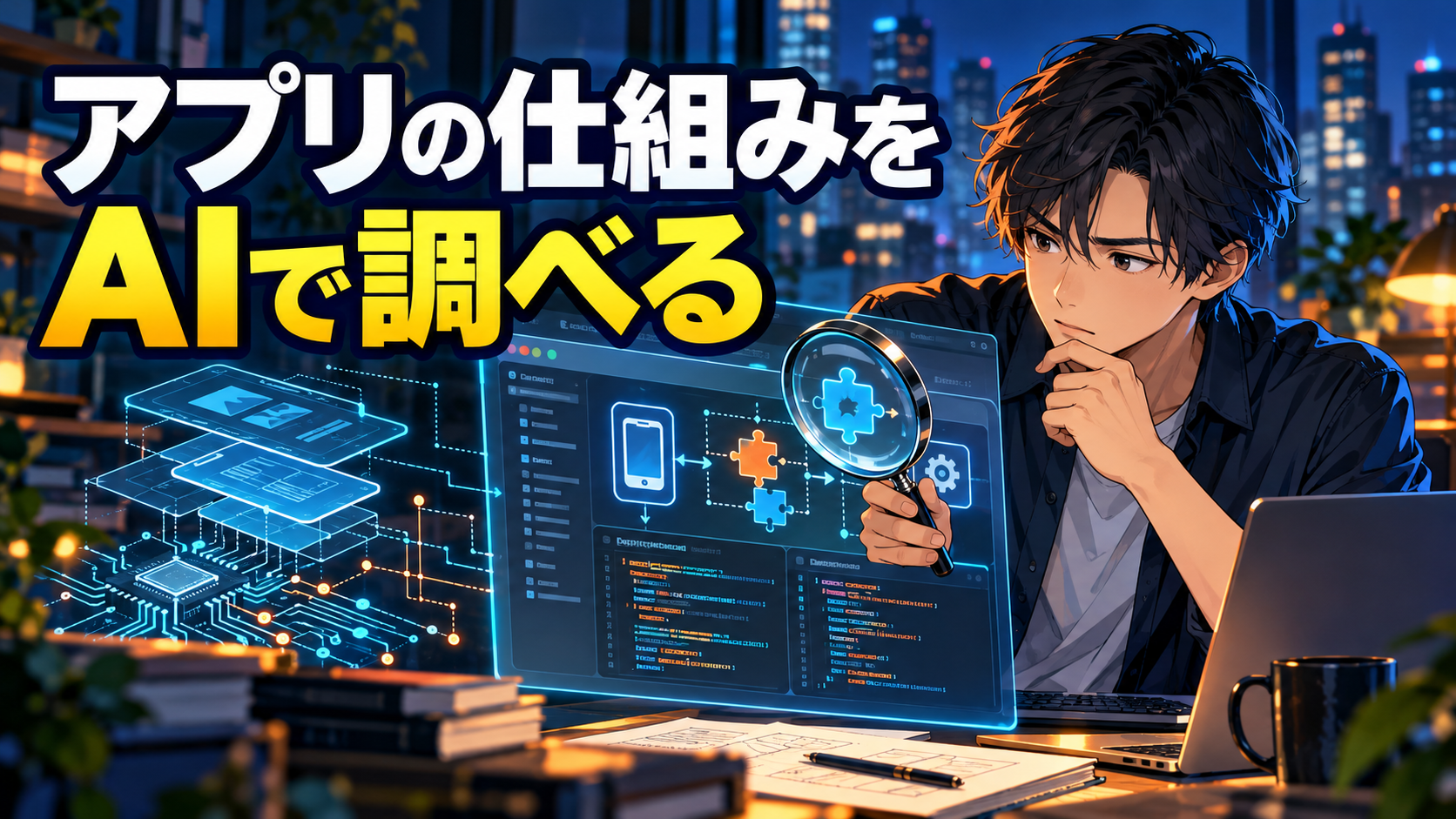 アプリの仕組みをAIで調べる男性